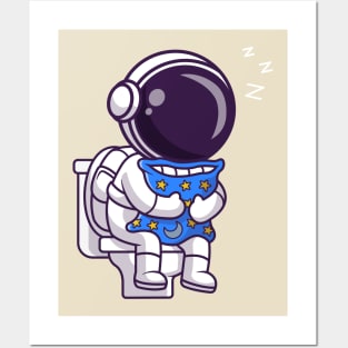 Cute Astronaut Sleeping On Toilet With Pillow Cartoon Posters and Art